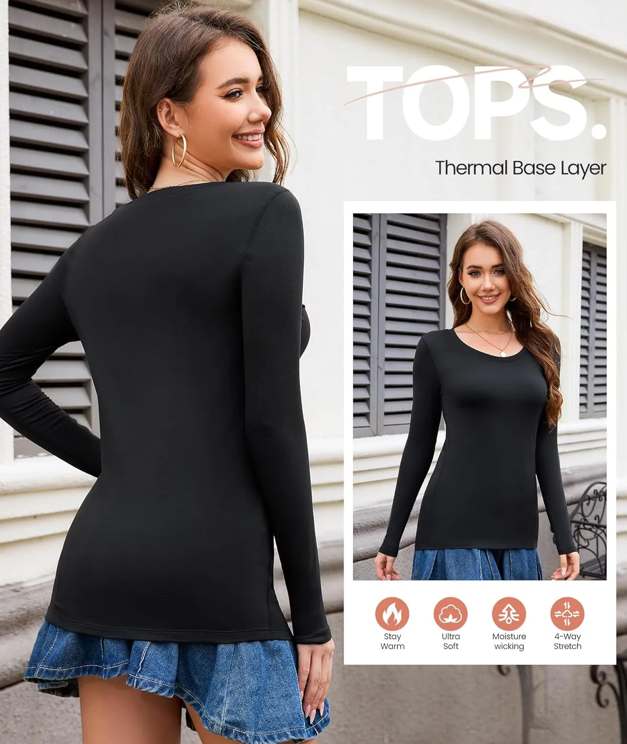 BESTENA Long Sleeve Undershirt for Women, Soft Thermal Shirts with Warm Fleece Lining, Base Layer Thermal Tops