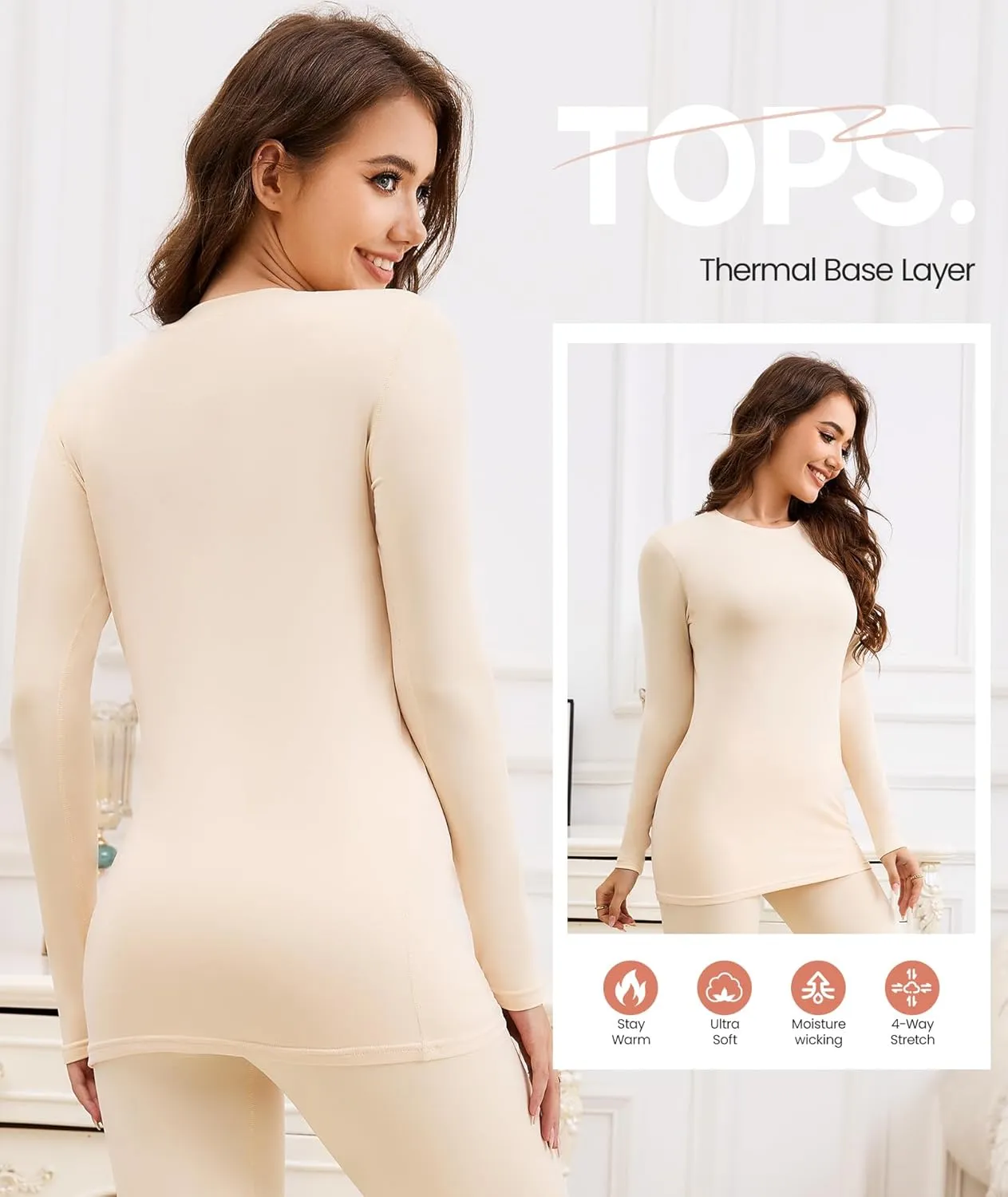 BESTENA Long Sleeve Undershirt for Women, Soft Thermal Shirts with Warm Fleece Lining, Base Layer Thermal Tops