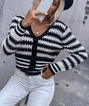 Black and White  Button Up Drop Shoulder Cardigan