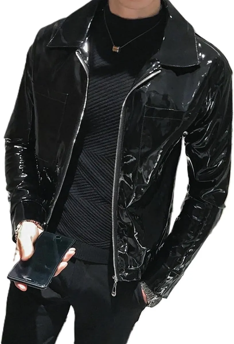 Black Wet Look Punk Men PVC Jacket Latex PVC Long Sleeve Coat Chic Private Party Unisex