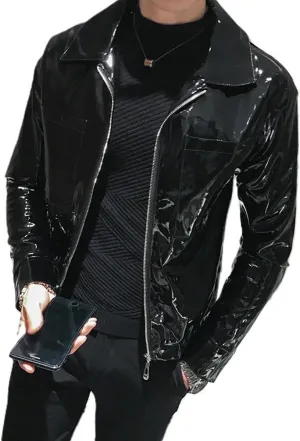Black Wet Look Punk Men PVC Jacket Latex PVC Long Sleeve Coat Chic Private Party Unisex