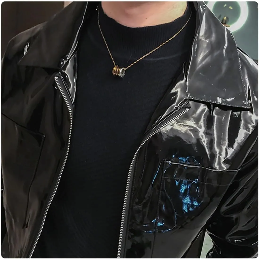 Black Wet Look Punk Men PVC Jacket Latex PVC Long Sleeve Coat Chic Private Party Unisex