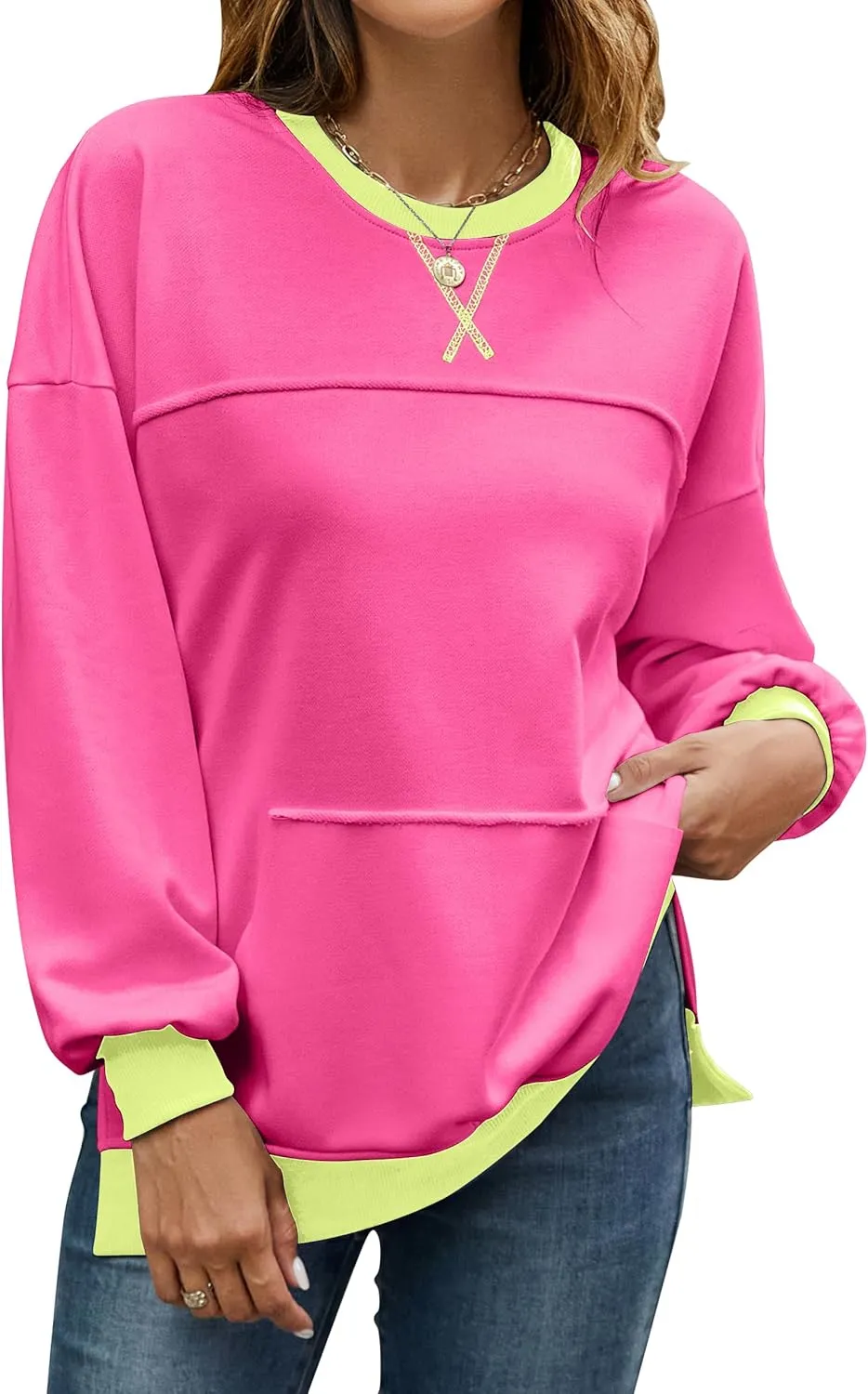 BMJL Women's Oversized Sweatshirts Casual Crewneck Pullover Hoodies Color Block Reverse Seam Y2K Fall Shirts