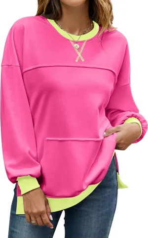BMJL Women's Oversized Sweatshirts Casual Crewneck Pullover Hoodies Color Block Reverse Seam Y2K Fall Shirts