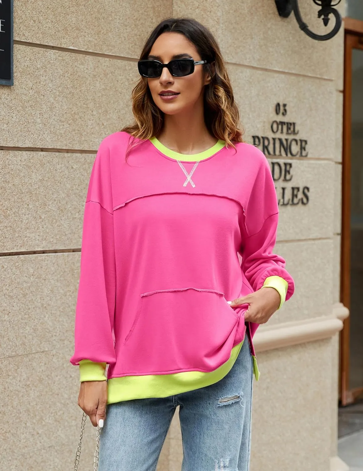 BMJL Women's Oversized Sweatshirts Casual Crewneck Pullover Hoodies Color Block Reverse Seam Y2K Fall Shirts