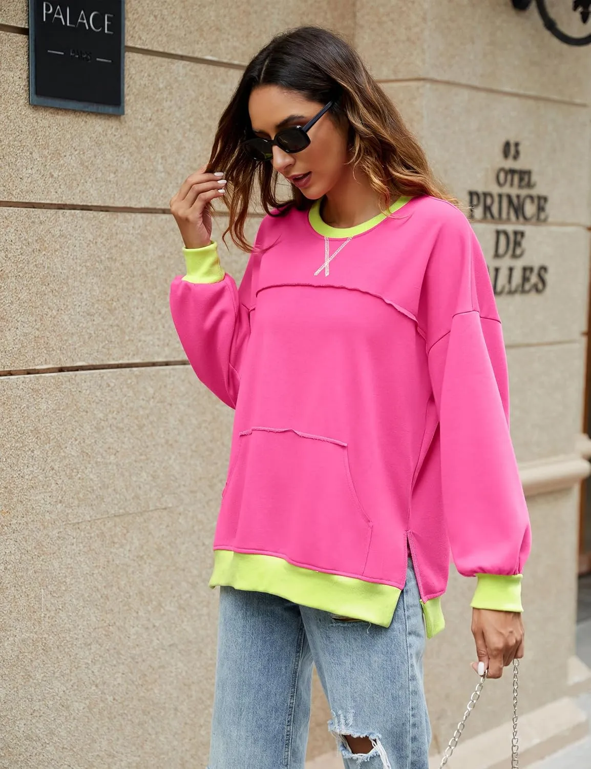 BMJL Women's Oversized Sweatshirts Casual Crewneck Pullover Hoodies Color Block Reverse Seam Y2K Fall Shirts