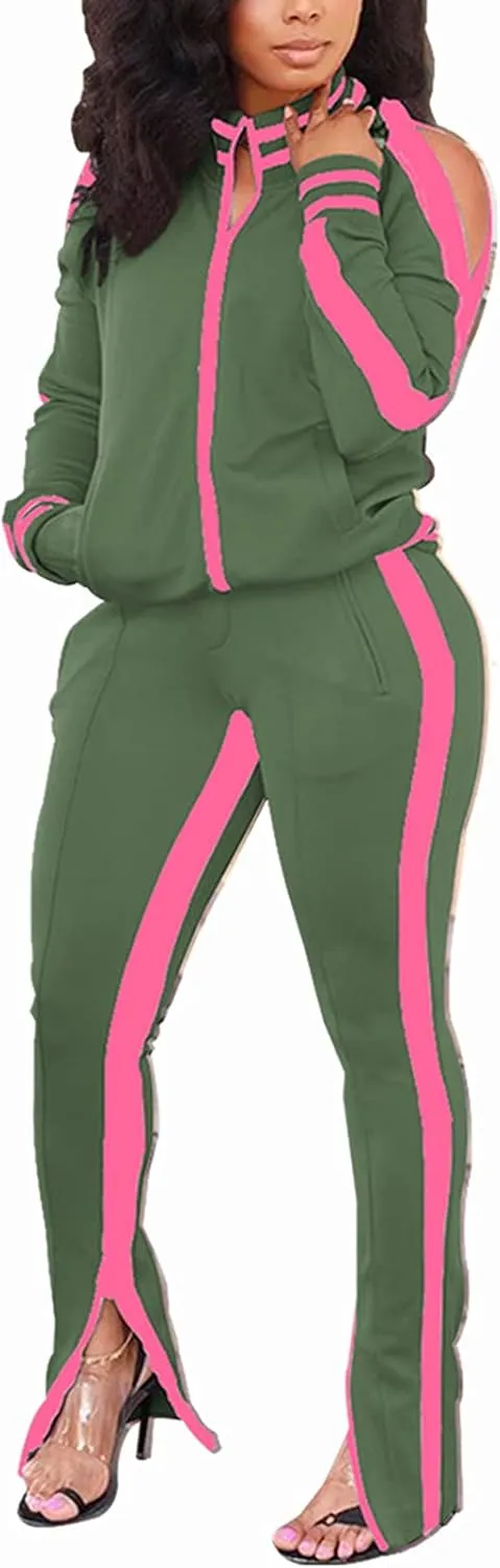 Bornpom Women 2 Piece Outfits Striped Patchwork Color Block Jackets Bodycon Side Slit Long Pants Tracksuit Sets
