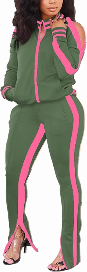 Bornpom Women 2 Piece Outfits Striped Patchwork Color Block Jackets Bodycon Side Slit Long Pants Tracksuit Sets