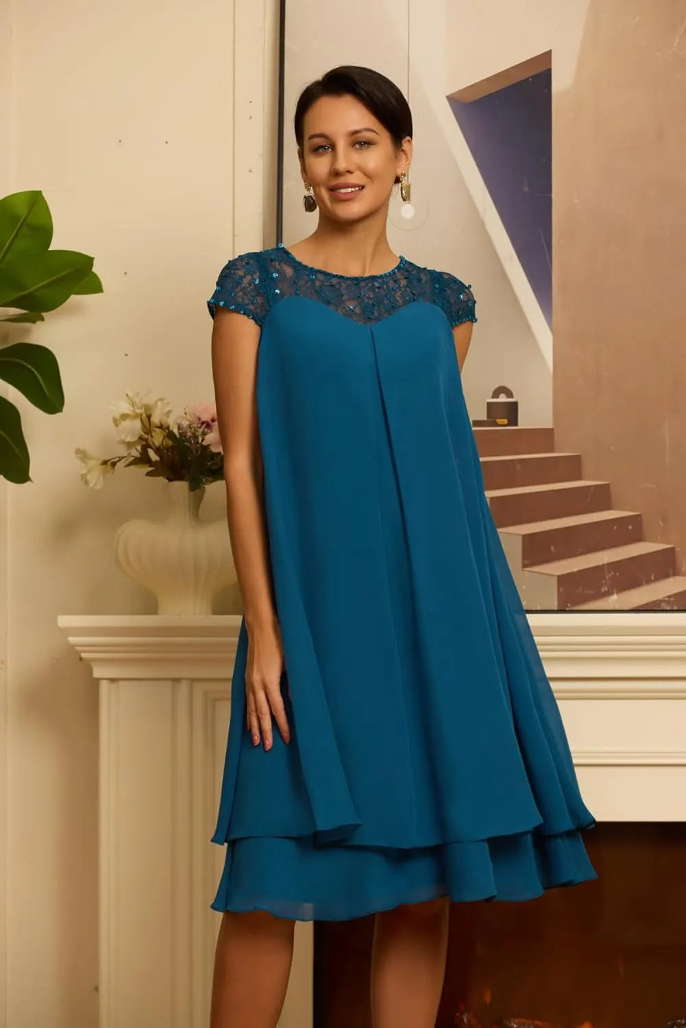 Cap Sleeves Chiffon Mother of The Bride Dresses for Women Scoop Neck Laces Knee Length Wedding Guest Dress