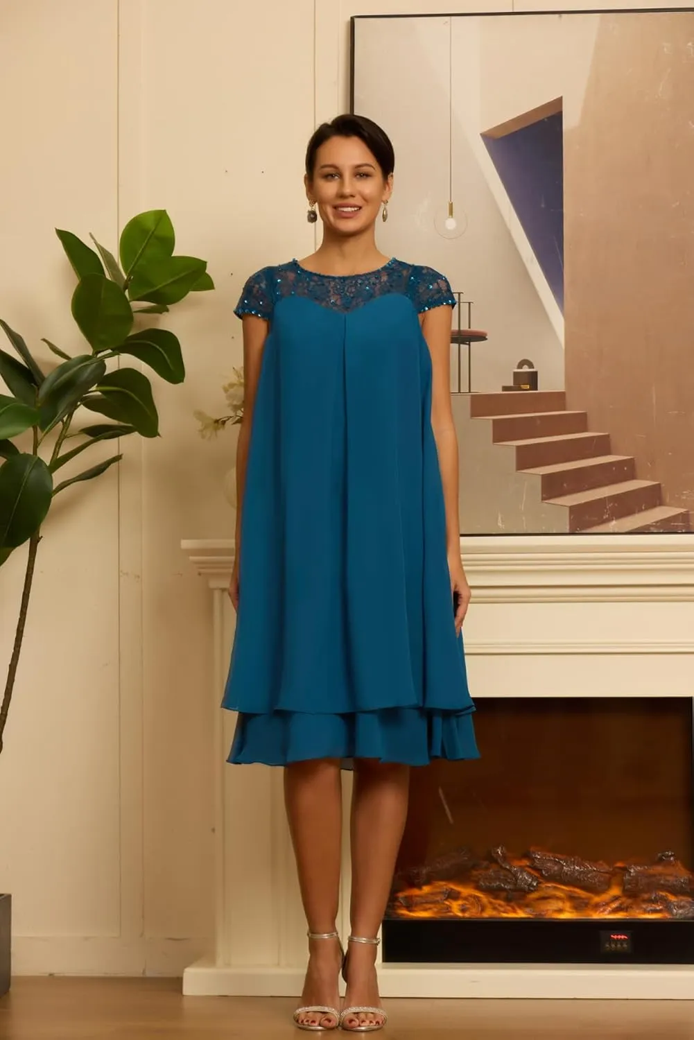 Cap Sleeves Chiffon Mother of The Bride Dresses for Women Scoop Neck Laces Knee Length Wedding Guest Dress