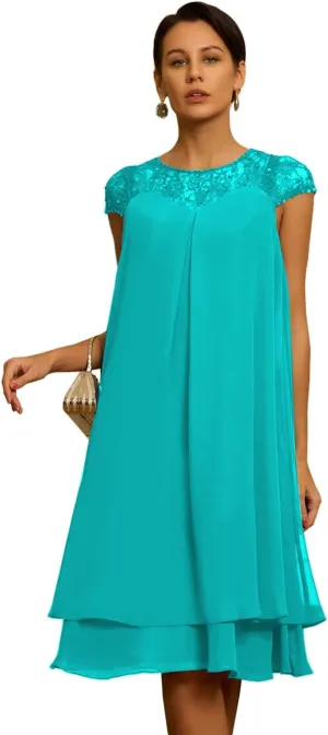 Cap Sleeves Chiffon Mother of The Bride Dresses for Women Scoop Neck Laces Knee Length Wedding Guest Dress
