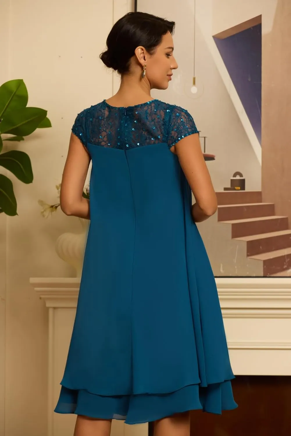 Cap Sleeves Chiffon Mother of The Bride Dresses for Women Scoop Neck Laces Knee Length Wedding Guest Dress
