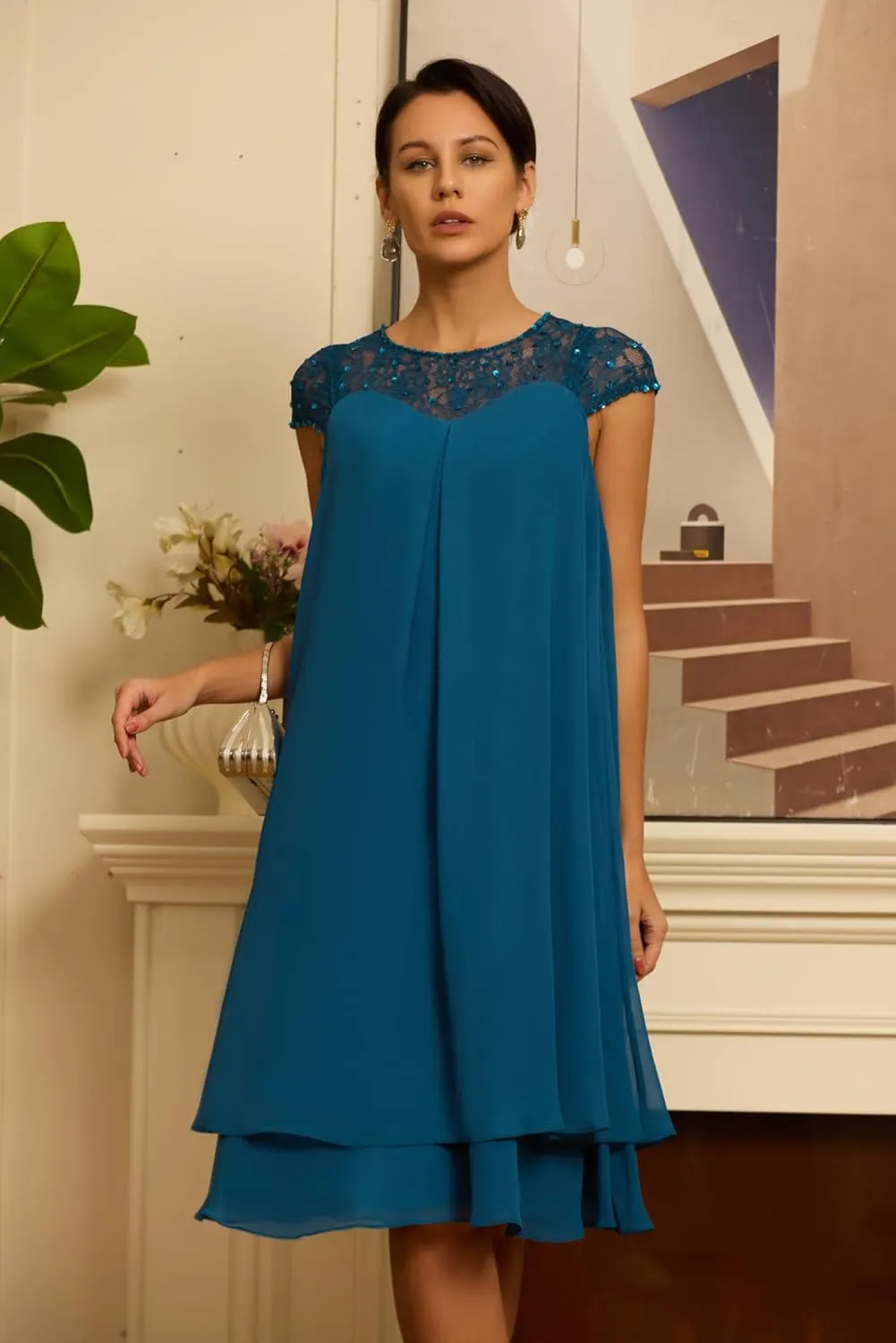 Cap Sleeves Chiffon Mother of The Bride Dresses for Women Scoop Neck Laces Knee Length Wedding Guest Dress