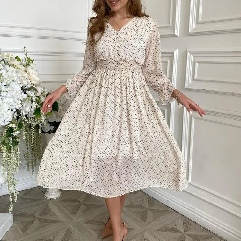 Casual flare sleeve dress women Elegant V-neck Polka Dot print sash