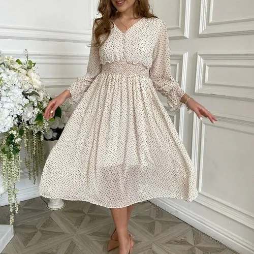 Casual flare sleeve dress women Elegant V-neck Polka Dot print sash