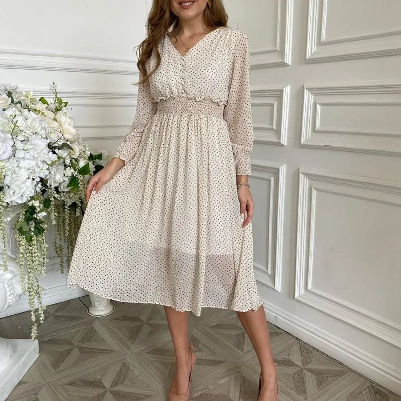 Casual flare sleeve dress women Elegant V-neck Polka Dot print sash