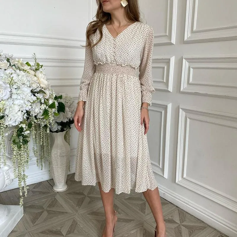 Casual flare sleeve dress women Elegant V-neck Polka Dot print sash