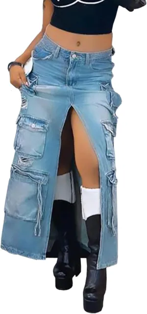 cffvdiz Women's Sexy Split Denim Skirt High Waisted Distressed Multi-Pockets Cargo Jean Skirt