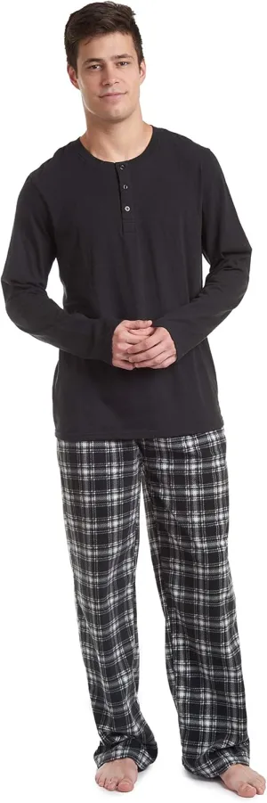 Cherokee Men's Pajama Set, Long Sleeve Cotton Top & Micro Fleece Pants, Breathable Cozy Loungewear