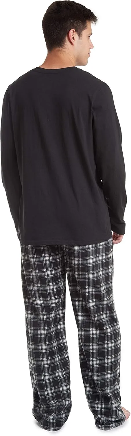 Cherokee Men's Pajama Set, Long Sleeve Cotton Top & Micro Fleece Pants, Breathable Cozy Loungewear