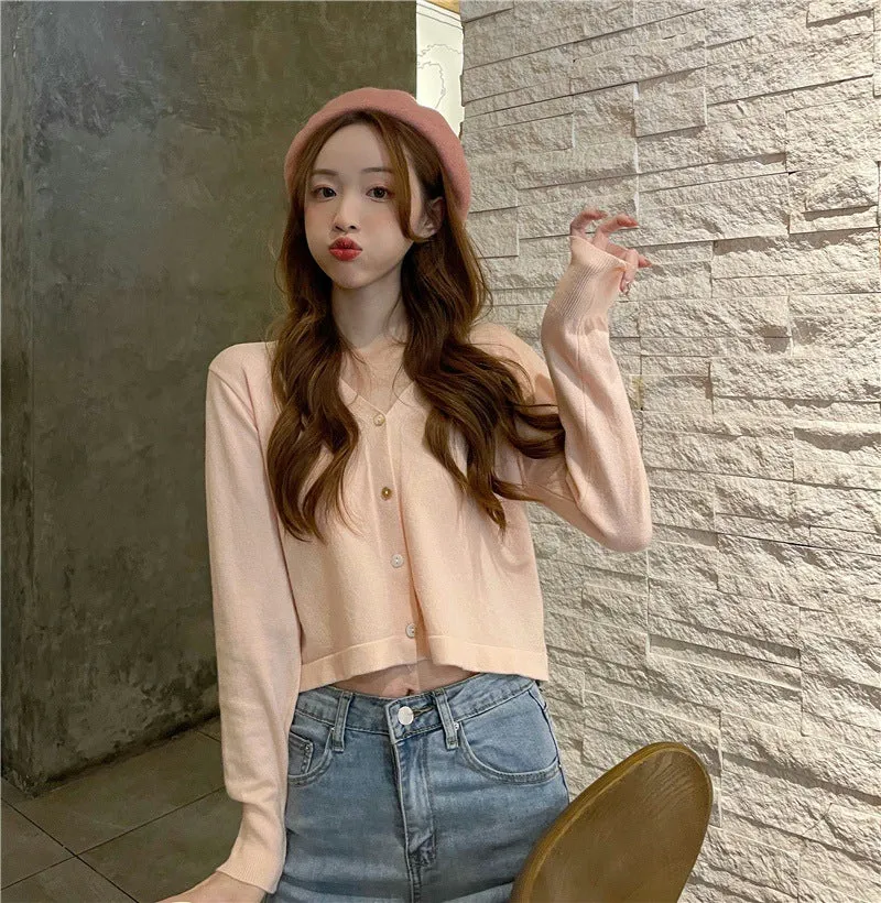 chicShort Sweater Thin Solid Colored Bare Belly Tops Women Trendy Cardigan Outerwear