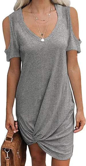 Cold Shoulder Dresses for Women Summer V Neck Short Sleeve Sexy Mini Dress Casual Beach Vacation Lightweight Outfits