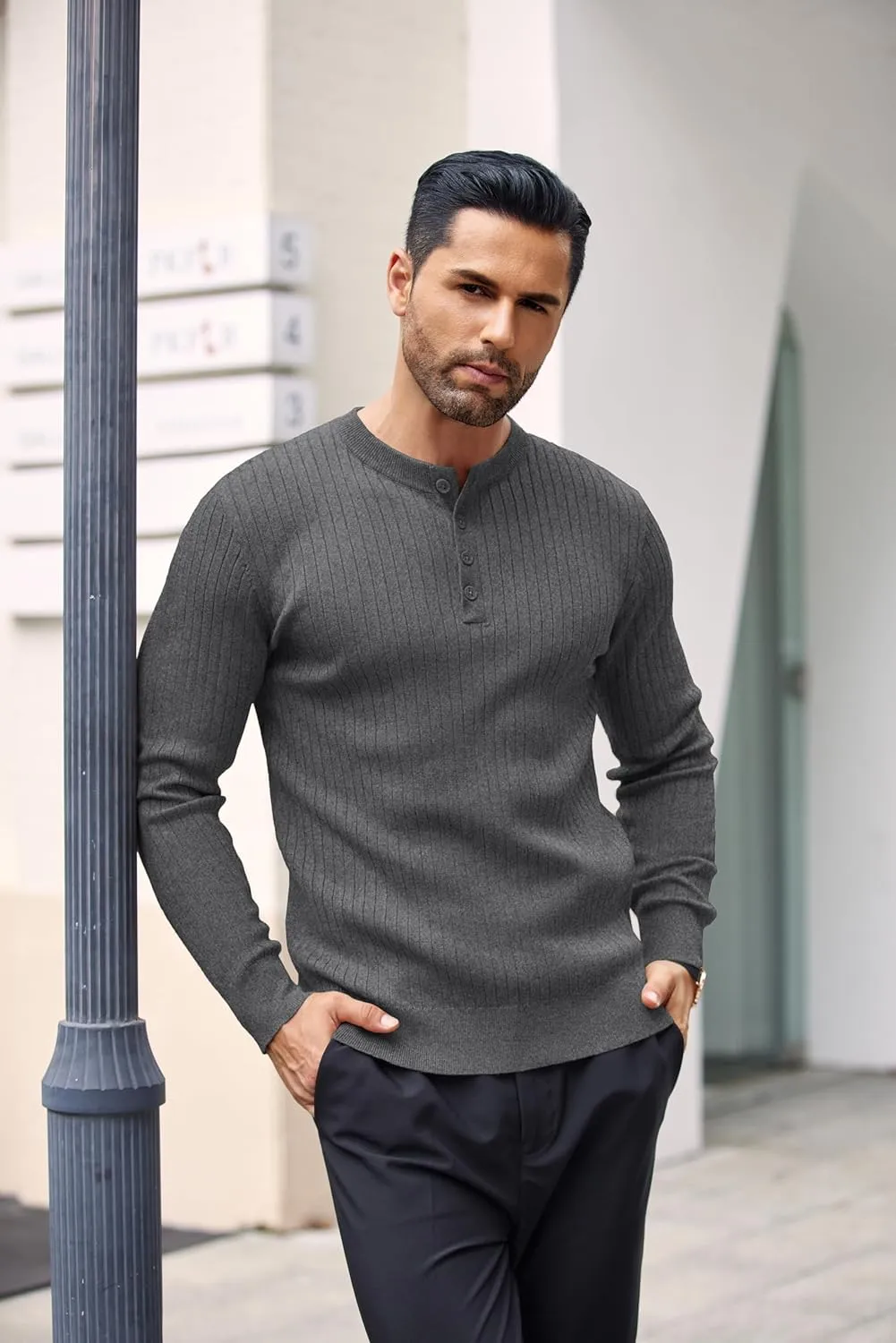 COOFANDY Mens Knit Henley Sweater Long Sleeve Button Down Lightweight Sweater Fall Slim Fit Ribbed Pullover