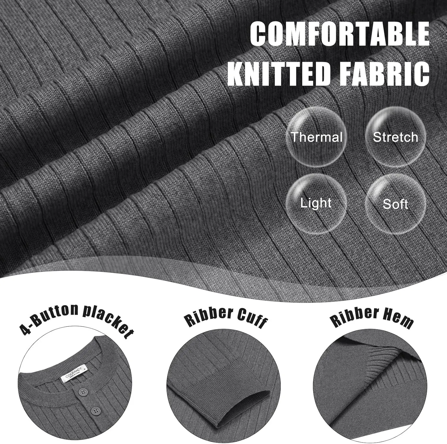 COOFANDY Mens Knit Henley Sweater Long Sleeve Button Down Lightweight Sweater Fall Slim Fit Ribbed Pullover