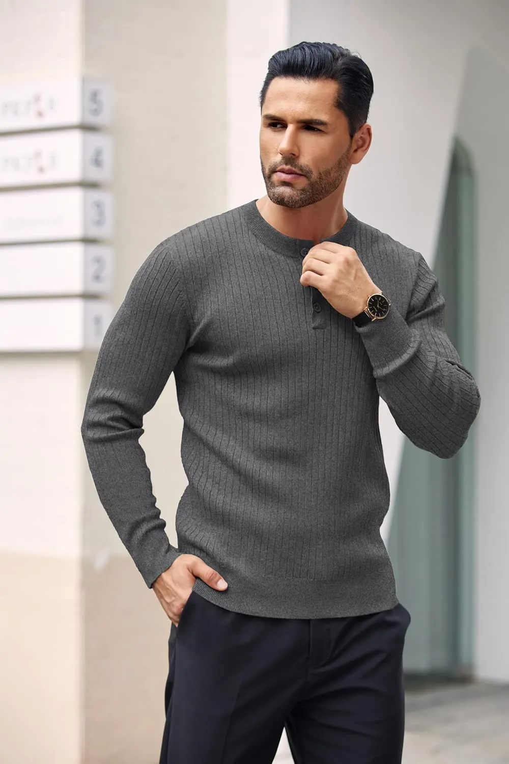 COOFANDY Mens Knit Henley Sweater Long Sleeve Button Down Lightweight Sweater Fall Slim Fit Ribbed Pullover