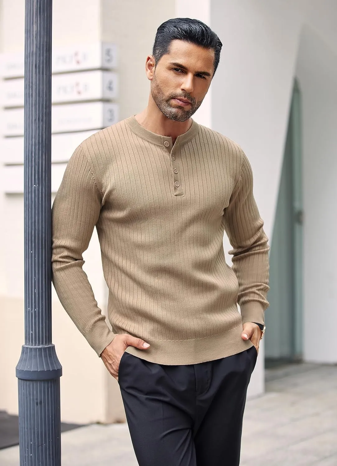 COOFANDY Mens Knit Henley Sweater Long Sleeve Button Down Lightweight Sweater Fall Slim Fit Ribbed Pullover