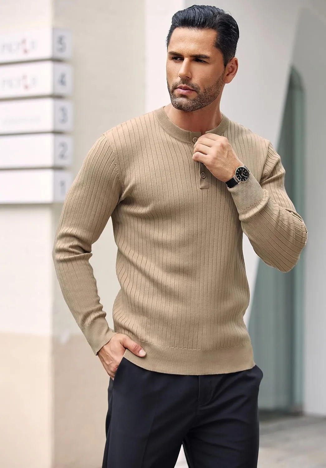 COOFANDY Mens Knit Henley Sweater Long Sleeve Button Down Lightweight Sweater Fall Slim Fit Ribbed Pullover