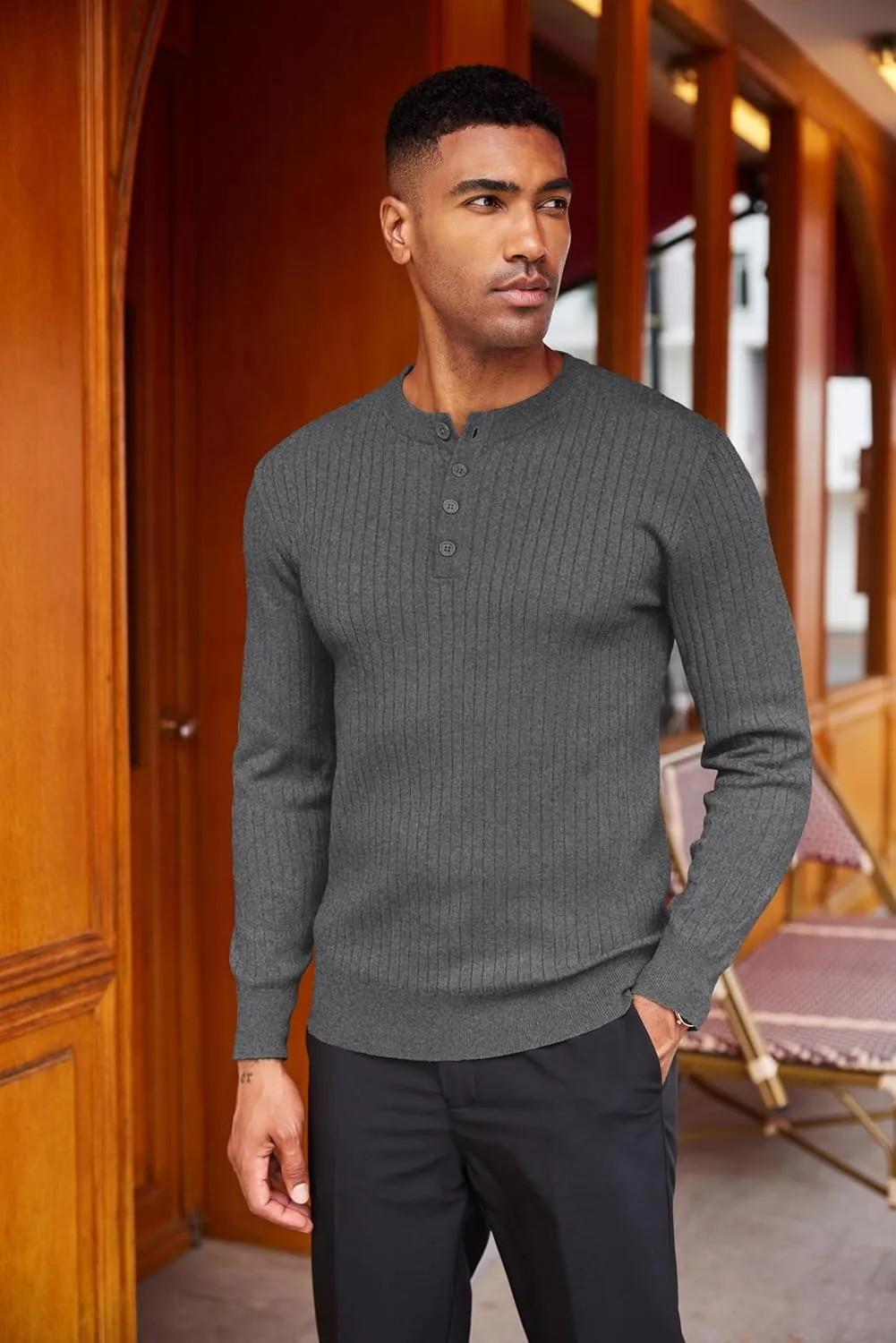 COOFANDY Mens Knit Henley Sweater Long Sleeve Button Down Lightweight Sweater Fall Slim Fit Ribbed Pullover