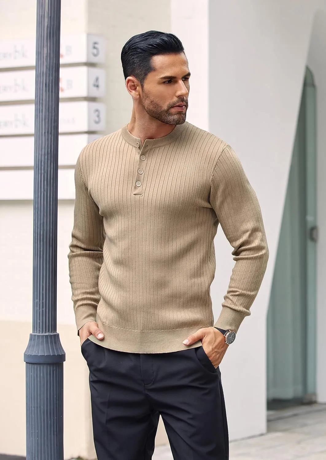 COOFANDY Mens Knit Henley Sweater Long Sleeve Button Down Lightweight Sweater Fall Slim Fit Ribbed Pullover