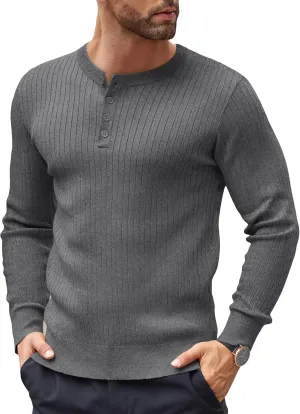 COOFANDY Mens Knit Henley Sweater Long Sleeve Button Down Lightweight Sweater Fall Slim Fit Ribbed Pullover