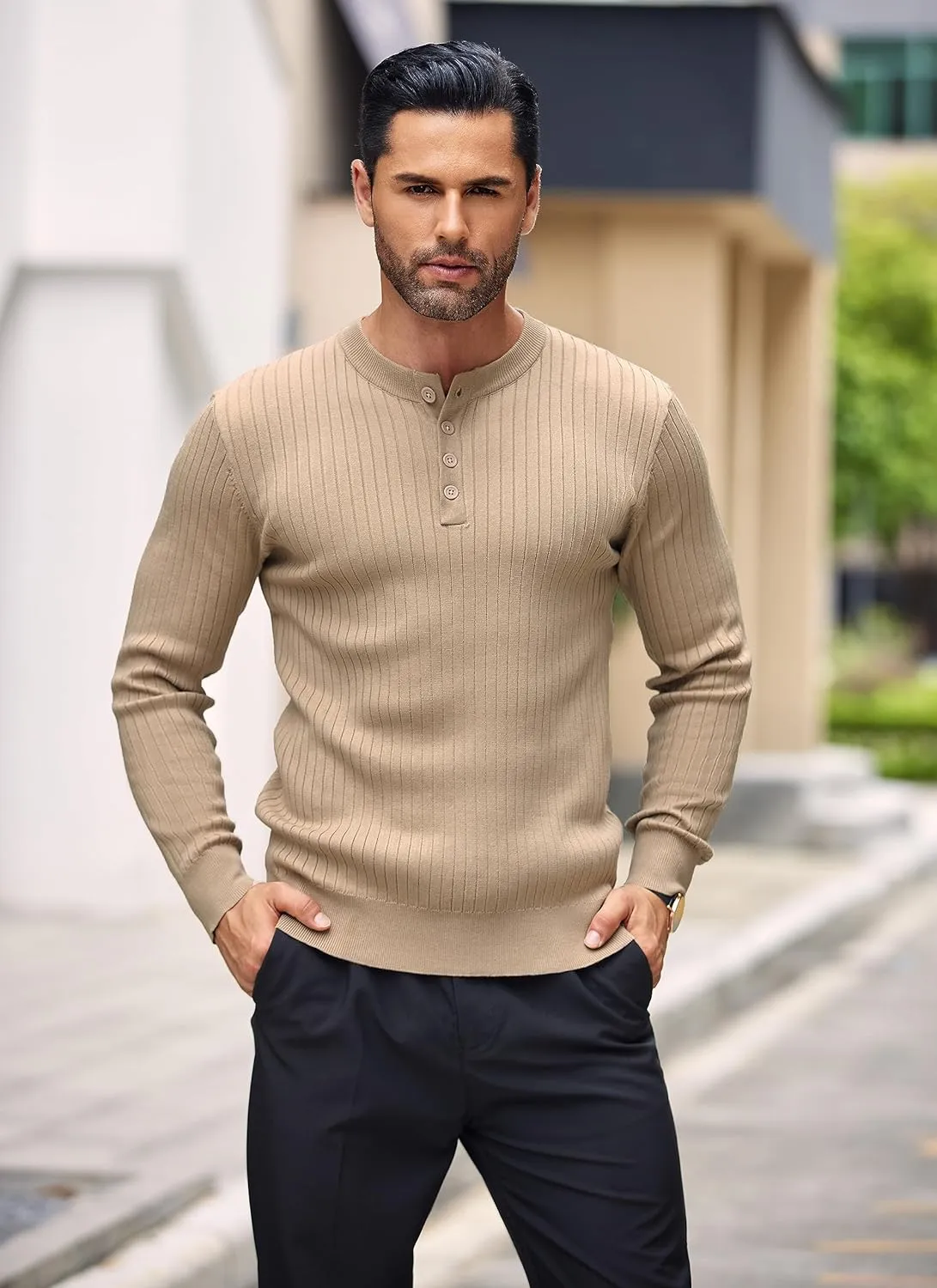 COOFANDY Mens Knit Henley Sweater Long Sleeve Button Down Lightweight Sweater Fall Slim Fit Ribbed Pullover