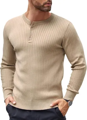 COOFANDY Mens Knit Henley Sweater Long Sleeve Button Down Lightweight Sweater Fall Slim Fit Ribbed Pullover