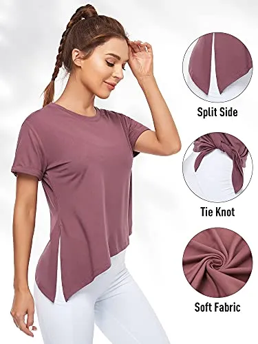 Cootry Side Split Tunic Tops for Women Short Sleeve Loose Yoga Workout Shirt Sport Gym T-Shirts Casual Tie Knot Tees for Spring Summer Brick Red