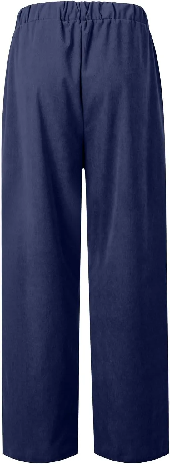 Corduroy Pants Women Casual Elastic High Waist Petite Pants Straight Leg Pants Loose Comfy Trousers with Pockets