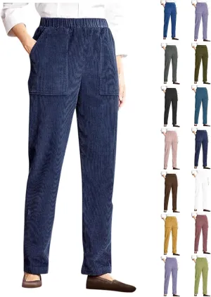 Corduroy Pants Women Casual Elastic High Waist Petite Pants Straight Leg Pants Loose Comfy Trousers with Pockets