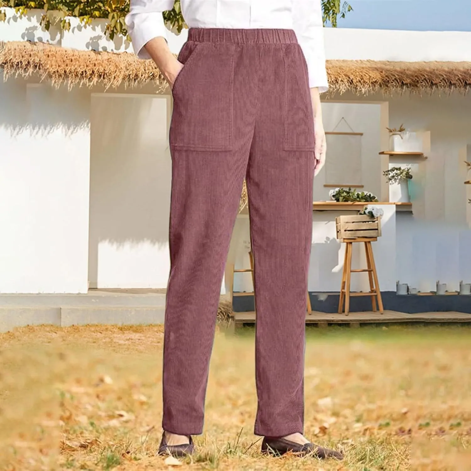 Corduroy Pants Women Casual Elastic High Waist Petite Pants Straight Leg Pants Loose Comfy Trousers with Pockets