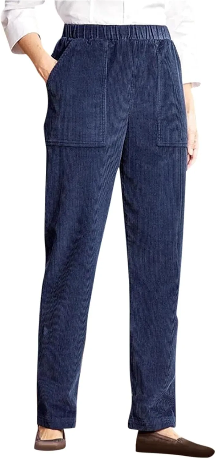 Corduroy Pants Women Casual Elastic High Waist Petite Pants Straight Leg Pants Loose Comfy Trousers with Pockets