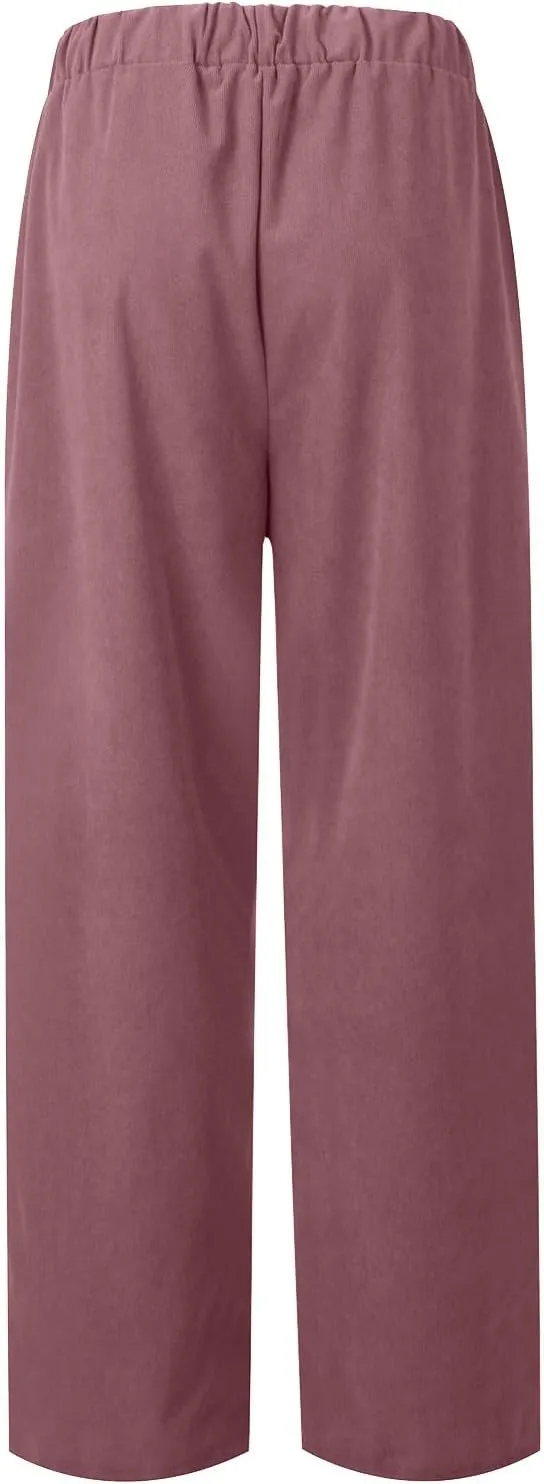 Corduroy Pants Women Casual Elastic High Waist Petite Pants Straight Leg Pants Loose Comfy Trousers with Pockets
