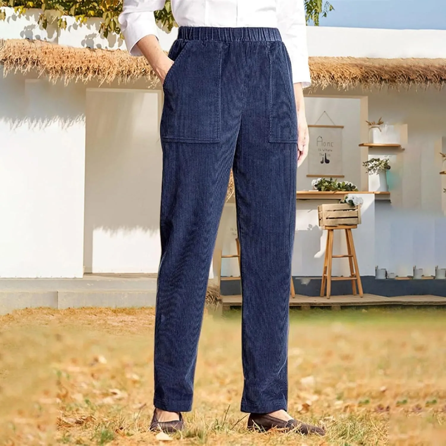 Corduroy Pants Women Casual Elastic High Waist Petite Pants Straight Leg Pants Loose Comfy Trousers with Pockets