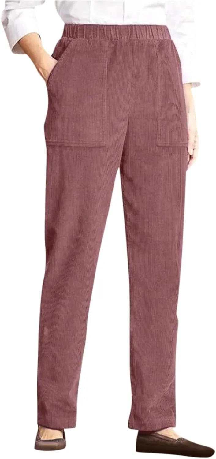 Corduroy Pants Women Casual Elastic High Waist Petite Pants Straight Leg Pants Loose Comfy Trousers with Pockets