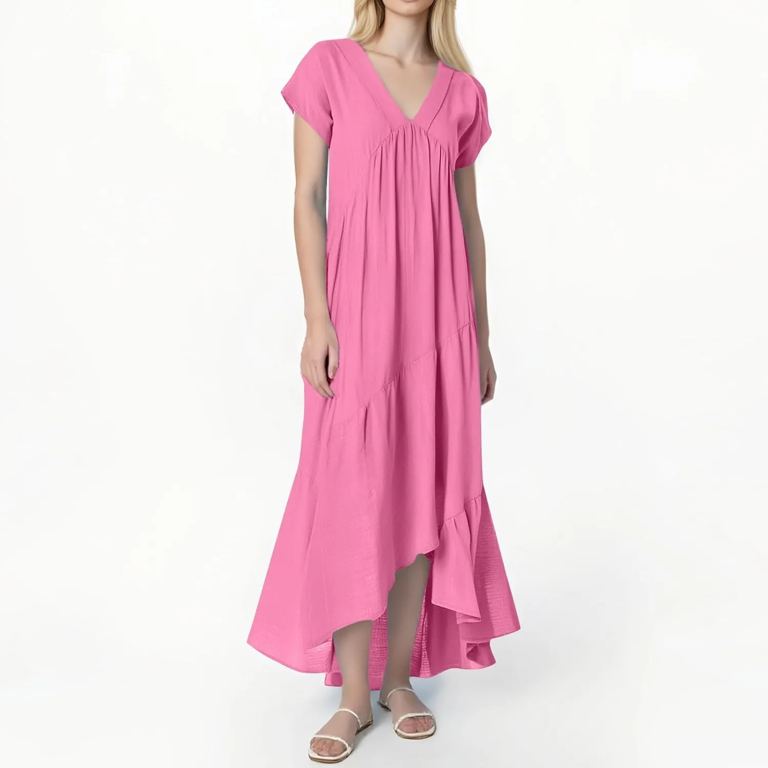 Cotton Linen Dresses for Women 2025 Summer Short Sleeve Midi Beach Dress A Line Flowy Dresses Shirt Dress with Pocket