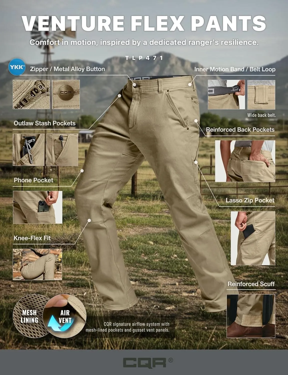 CQR Men's Motion Utility Casual Pants, Regular Fit Lightweight Work Pants, Water Resistant Outdoor Stretch Pants with Pockets
