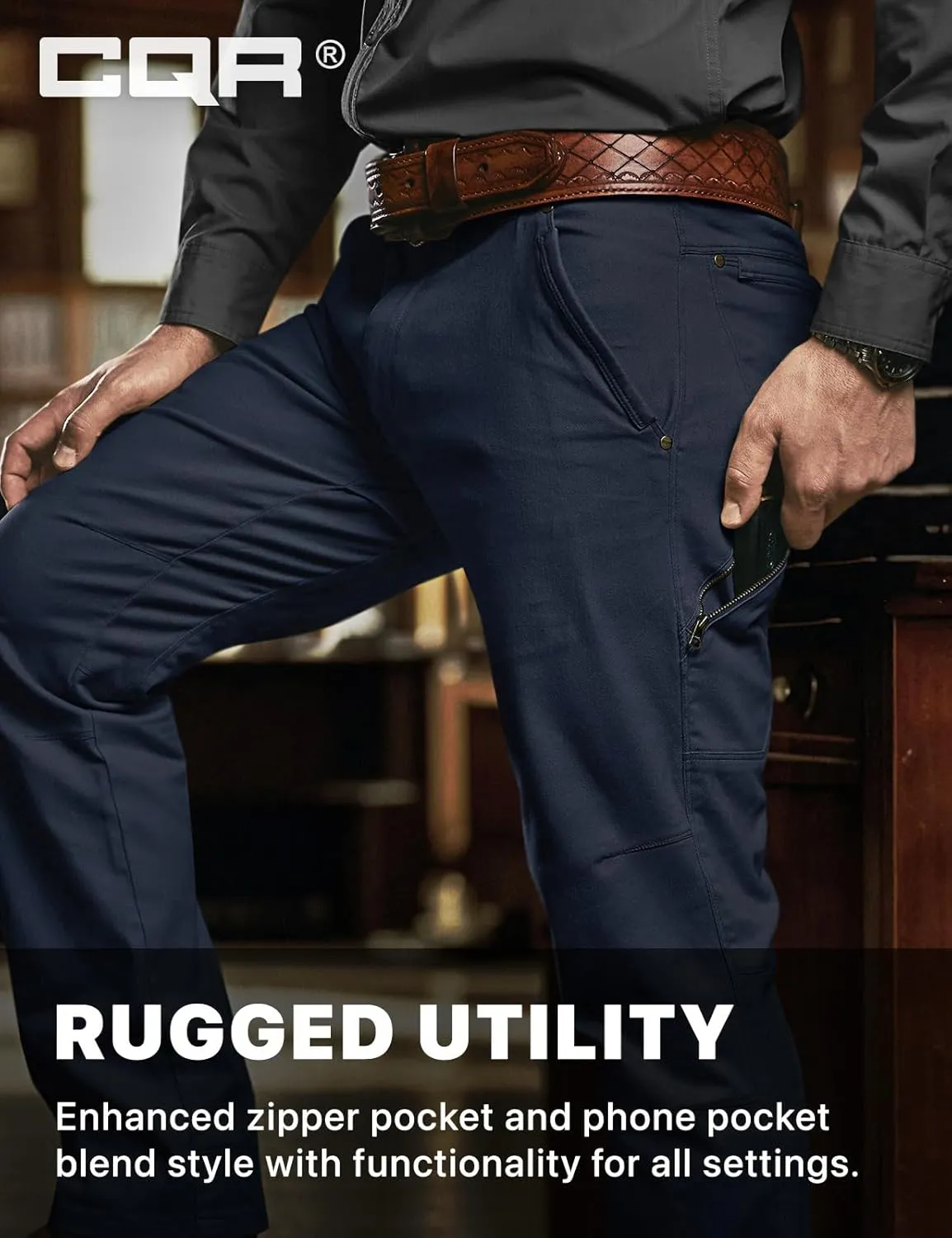 CQR Men's Motion Utility Casual Pants, Regular Fit Lightweight Work Pants, Water Resistant Outdoor Stretch Pants with Pockets