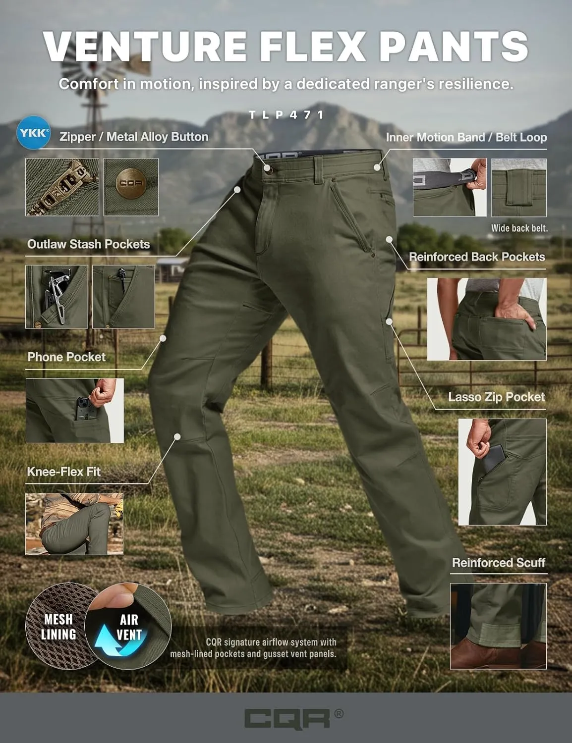 CQR Men's Motion Utility Casual Pants, Regular Fit Lightweight Work Pants, Water Resistant Outdoor Stretch Pants with Pockets