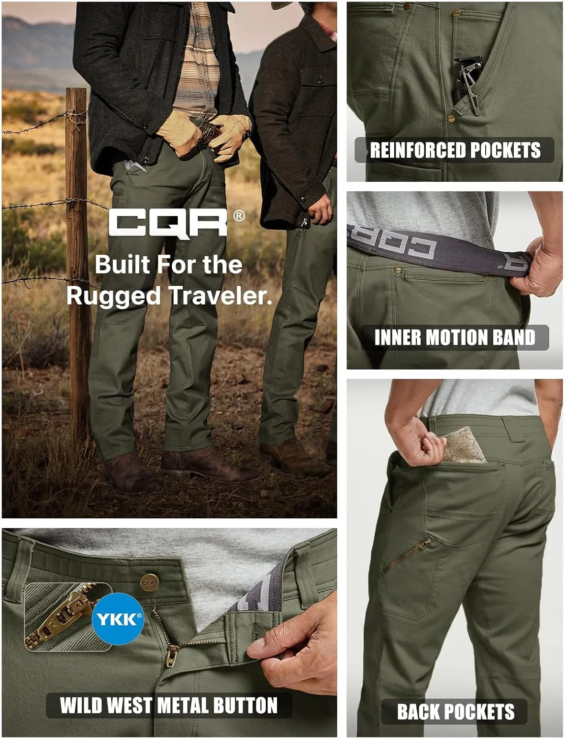 CQR Men's Motion Utility Casual Pants, Regular Fit Lightweight Work Pants, Water Resistant Outdoor Stretch Pants with Pockets