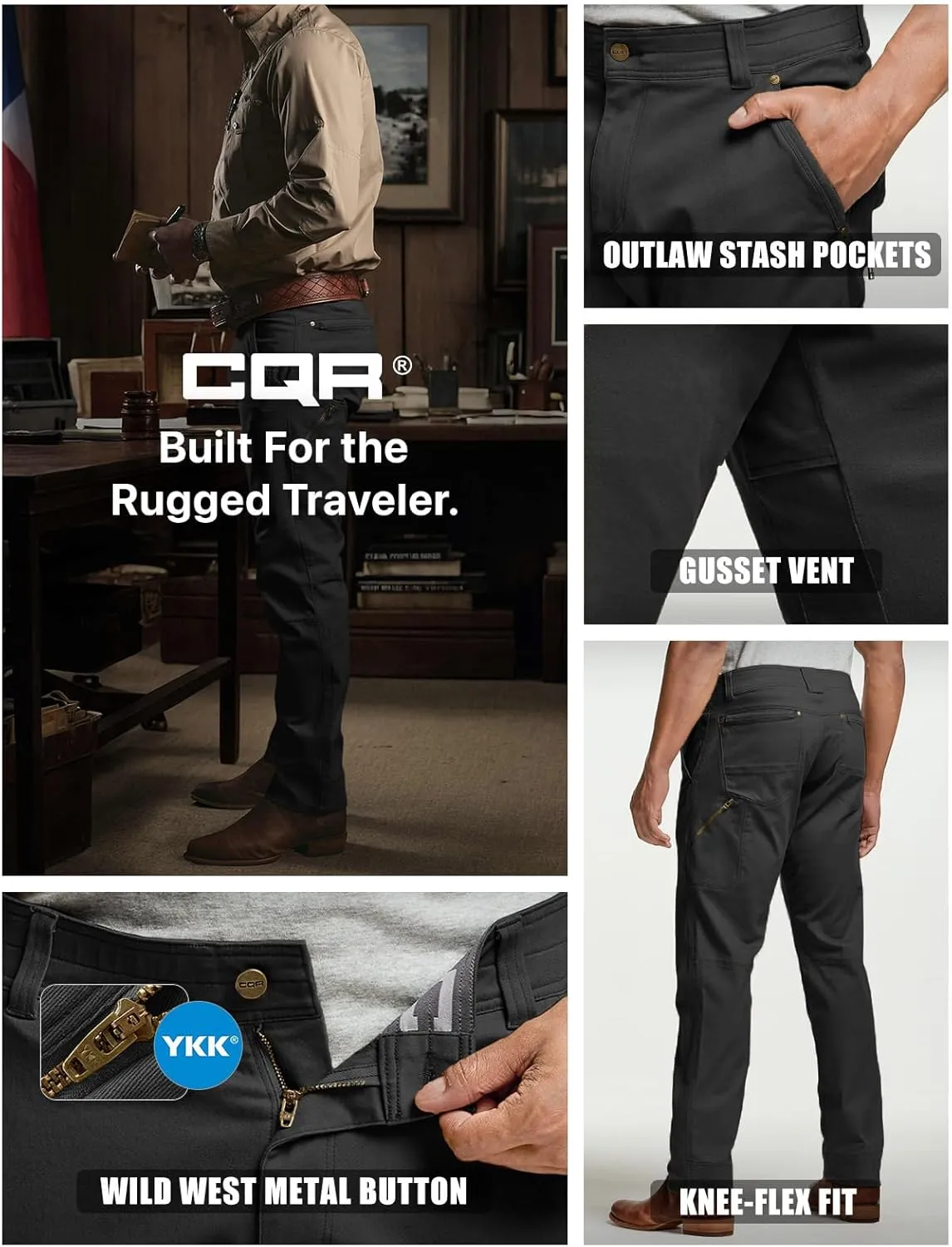 CQR Men's Motion Utility Casual Pants, Regular Fit Lightweight Work Pants, Water Resistant Outdoor Stretch Pants with Pockets